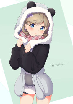 1girl :o absurdres alternate_costume animal_hood blue_eyes blush brown_hair commentary_request feet_out_of_frame highres hood jacket looking_at_viewer love_live! love_live!_superstar!! panda_hood red_scarf reisa-aisaka scarf short_hair shorts solo standing tang_keke twitter_username