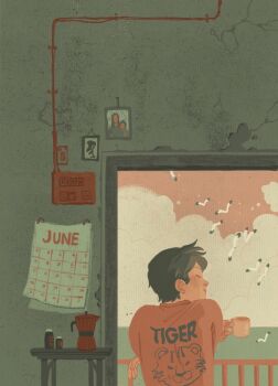 1boy animal_print balcony bird black_hair calendar_(object) closed_eyes closed_mouth cloud coffee_pot commentary concrete crossed_arms cumulonimbus_cloud cup doorway english_commentary flying from_behind green_theme highres holding holding_cup indoors leaning limited_palette male_focus orange_shirt orange_sky original photo_(object) print_shirt profile railing seagull shirt short_hair sky smile solo summer t-shirt table tiger_print upper_body water white_bird yaroslava_murashko