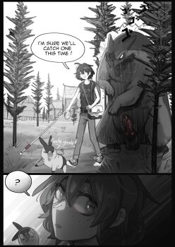 1girl 2024_pokemon_teraleak ? absurdres blind cane english_text erection freckles full_body gen_2_pokemon grass highres holding holding_cane house imminent_rape nintendo original outdoors pants path penis pokemon pokephilia popopoka road shirt shoes short_sleeves sophie_(popopoka) speech_bubble spoken_question_mark standing testicles tree typhlosion white_cane