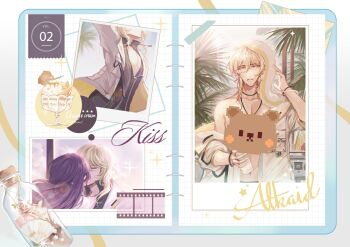 1boy 1girl abs alkaid_mcgrath bear black_wetsuit blonde_hair bodysuit bottle bracelet breast_pocket censored character_name chinese_commentary couple day diving_suit drying drying_hair english_text facing_away film_strip fish_necklace food fruit garnish green_eyes hair_between_eyes half-closed_eyes hand_up head_out_of_frame heroine_(lovebrush_chronicles) hetero holding holding_bottle ice_cream jacket jewelry journal kiss long_hair looking_at_viewer lovebrush_chronicles male_focus male_swimwear medium_hair multiple_views no_shirt novelty_censor official_alternate_costume open_clothes open_jacket orange_(fruit) orange_slice outdoors palm_tree parted_lips partially_unzipped pectoral_cleavage pectorals pendant photo_(object) pocket portrait purple_hair radio seashell shell single_bare_shoulder single_off_shoulder smile snow234 star_(symbol) straight-on sunlight surfboard three-quarter_sleeves toned toned_male towel towel_on_head tree upper_body water_bottle water_drop wet wet_hair wetsuit whipped_cream white_jacket