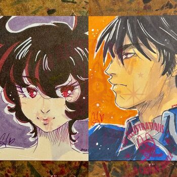 Rule 34 | 1boy, 1girl, black eyes, black hair, closed mouth, commentary, english commentary, highres, ladyholmes, marker (medium), orange background, outline, pale skin, photo (medium), pink lips, portrait, princess kraehe, princess tutu, purple background, red eyes, roy mustang, rue (princess tutu), short hair, signature, smile, traditional media, watermark, white outline