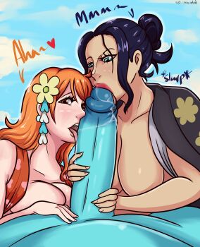 1boy 2girls artist_name blue_eyes blue_hair blue_skin blue_sky breasts brown_eyes cloud colored_skin cooperative_fellatio fellatio ffm_threesome fish_boy flower group_sex hair_bun hair_flower hair_ornament highres huge_penis jinbe_(one_piece) large_breasts licking licking_penis long_hair lying multiple_girls nami_(one_piece) nami_(one_piece)_(onigashima) nico_robin nico_robin_(onigashima) nude one_piece open_mouth oral orange_hair outdoors penis s0_underrated sex single_hair_bun sky sound_effects teamwork_(sexual) threesome tongue tongue_out uncensored