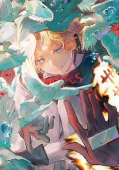 2boys absurdres bird blonde_hair blue_eyes brown_gloves dove freckles gloves head_tilt highres identity_v looking_at_viewer male_focus mike_morton mike_morton_(pumping_tires) multiple_boys norton_campbell norton_campbell_(highway_cavalier) official_alternate_costume pov pov_hands single_hair_intake smile solo_focus star-shaped_pupils star_(symbol) stitched_mouth stitches symbol-shaped_pupils xiaomianduoshao