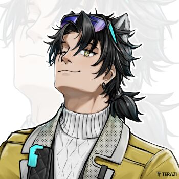 1boy ;) alesh_(arknights) animal_ears arknights arknights:_endfield artist_name bishounen black_hair coat earrings hairband highres jewelry looking_at_viewer male_focus one_eye_closed ponytail raccoon_ears simple_background smile solo sunglasses sweater terazi turtleneck upper_body white_background white_sweater yellow_coat yellow_eyes zoom_layer