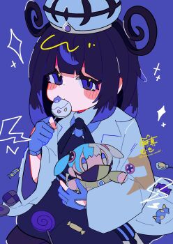 1girl black_dress black_hair blue_gloves blush canari_plush_(pokemon) candy character_doll coat doll dress eyelashes food gloves gwynn_(pokemon) hat highres holding holding_candy holding_food holding_lollipop lollipop looking_at_viewer nama_mugi nintendo open_clothes open_coat partially_fingerless_gloves pokemon pokemon_legends:_z-a purple_background purple_eyes short_hair solo swirl_lollipop twitter_username white_coat