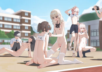 1boy 6+girls absurdres arm_support ass autoarousal bad_tag bar_censor barefoot black_bow black_bowtie black_hair black_shorts black_socks blonde_hair blue_sky bow bowtie breasts brown_hair building camera censored chinese_commentary closed_mouth clothes_in_mouth clothes_lift commentary_request completely_nude day faceless faceless_female faceless_male feet fish_hair_ornament flat_chest hair_ornament hairclip hand_up hands_on_own_knees highres holding holding_camera lifting_own_clothes long_hair medal medium_breasts medium_hair mouth_hold multiple_girls naked_bowtie naked_school_attendance navel nipples no_bra no_shoes nude on_ground one_eye_closed open_mouth original outdoors pink_hair ponytail pussy pussy_juice reclining shirt_in_mouth shirt_lift shoes short_hair shorts sitting sky small_breasts sneakers socks squatting stomach sweat taking_picture thighhighs v very_short_hair very_sweaty wariza white_thighhighs xiao_lin_jiu zenra