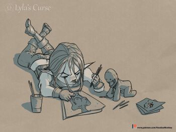 1girl butt_crack commentary elf english_commentary familiar fingerless_gloves full_body gloves happy kneeling lying lyla_ailwind lylas_curse midriff_peek original pale_skin pencil pointy_ears sketching socks voodoo_monkey