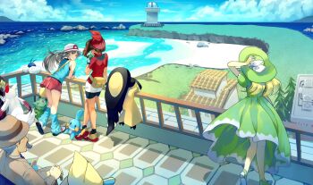 1boy 3girls alternate_color ariekochan ass bandana beach bench bike_shorts bike_shorts_under_shorts blonde_hair blue_shirt blue_sky blush breasts brown_eyes brown_hair bucket_hat bulbasaur cane cloud day dress drinking facial_hair fanny_pack fence formal_clothes gen_1_pokemon gen_3_pokemon gentleman_(pokemon) gloves green_dress grey_hair hand_on_cane hat highres holding holding_cane holding_juice_box jacket juice_box lady_(pokemon) leaf_(pokemon) leaning lighthouse lilycove_city long_hair long_sleeves loose_socks manectric mawile may_(pokemon) mudkip multiple_girls mustache nintendo ocean outdoors parted_lips pokemon pokemon_(creature) pokemon_emerald pokemon_frlg pokemon_rse porkpie_hat ralts red_bandana red_shirt red_skirt seviper shiny_pokemon shirt short_hair shorts shorts_under_shorts sitting skirt sky sleeveless sleeveless_shirt smile socks suit sun_hat swablu teeth water white_hat wristband yellow_bag zangoose
