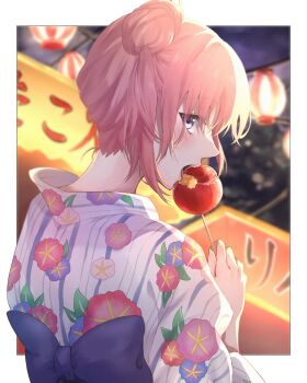 Rule 34 | 1girl, alternate costume, alternate hairstyle, candy apple, commentary request, eating, festival, food, food in mouth, from behind, hair bun, highres, holding, holding candy apple, holding food, japanese clothes, kimono, lantern, light (lightpicture33), long sleeves, looking at viewer, looking back, night, obi, open mouth, orange eyes, outdoors, paper lantern, pink hair, print kimono, profile, sash, short hair, single hair bun, single side bun, solo, upper body, white background, yahari ore no seishun lovecome wa machigatteiru., yuigahama yui
