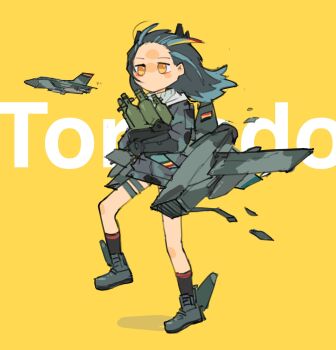 1girl aircraft airplane bomb explosive frider highres kyoufuu_all_back_(vocaloid) mecha_girl multicolored_hair panavia_tornado_(aircraft) personification precision-guided_munition text_background war_thunder yellow_background yellow_eyes