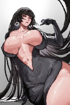 1girl 2025 abs absurdres areola_slip arm_support arm_up black_bodysuit black_eyes black_hair blunt_bangs bodysuit breasts breasts_apart bursting_breasts collarbone commentary english_commentary female_focus floating_hair gradient_background highres hime_cut huge_breasts index_finger_raised long_hair lumc mature_female mole mole_on_breast mole_under_mouth open_bodysuit open_clothes original parted_lips pixel_art shiny_skin simple_background sitting solo straight_hair thick_thighs thighs unworn_earring very_long_hair white_background yokozuwari
