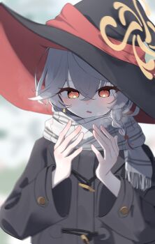 1girl absurdres alternate_costume black_coat black_hat blue_archive blurry blurry_background blush braid breath coat cold commentary crossed_bangs duffel_coat earrings eri_(blue_archive) fringe_trim grey_scarf hair_between_eyes halo hands_up hat hat_ribbon highres jewelry light_blush long_sleeves looking_at_hands looking_down medium_hair no_ra339 open_mouth outdoors plaid_clothes plaid_scarf red_eyes red_ribbon ribbon scarf single_braid single_earring solo tilted_halo upper_body white_hair wide_sleeves winter_clothes witch_hat yellow_halo