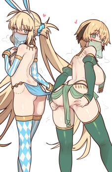 2girls absurdres adapted_costume alternate_breast_size_(larger) animal_ears artoria_caster_(fate) artoria_caster_(swimsuit_berserker)_(second_ascension)_(fate) artoria_pendragon_(fate) ass bad_link blonde_hair blue_gloves blue_thighhighs breasts bridal_gauntlets dimples_of_venus ebora elbow_gloves fake_animal_ears fate/grand_order fate_(series) from_behind gareth_(fate) gloves grabbing_own_ass green_eyes green_gloves green_thighhighs harem_outfit highres large_breasts long_hair looking_at_viewer mouth_veil multiple_girls rabbit_ears short_hair small_breasts thighhighs twintails veil white_background
