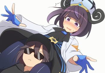 2girls belt belt_buckle black_hat black_pantyhose blue_gloves blush bob_cut buckle closed_mouth coat curakuru curakuru_(character) dress gloves gwynn_(pokemon) hat head_between_thighs highres long_sleeves mega_stone multiple_girls nintendo o-ring o-ring_belt open_clothes open_coat open_mouth original pantyhose partially_fingerless_gloves pokemon pokemon_legends:_z-a purple_eyes purple_hair short_hair sunglasses sweat white_background white_coat