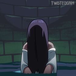 1girl :o animated artist_name bare_legs black_hair breaking breasts brown_eyes clothes_lift collarbone cowboy_shot dress dress_lift flashing ghost_girl groin hair_between_eyes hair_over_eyes highres large_areolae large_breasts lifting_own_clothes long_hair long_sleeves looking_at_viewer mirror navel nipples no_bra no_panties off_shoulder partially_submerged pussy solo source_request stone_wall the_ring twistedgrim very_long_hair video well white_dress wide_sleeves yamamura_sadako