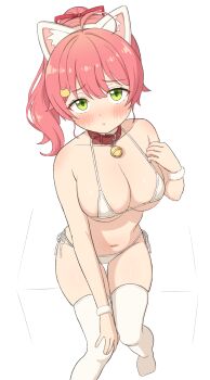 Rule 34 | 1girl, :t, absurdres, ahoge, animal ears, anime coloring, bare shoulders, bell, belt, belt collar, bikini, blush, breasts, cat ears, choker, cleavage, closed mouth, collar, collarbone, commentary request, fake animal ears, green eyes, hair between eyes, hair ribbon, hairband, halterneck, hand on own knee, high ponytail, highres, hololive, jingle bell, large breasts, long hair, looking at viewer, micro bikini, navel, neck bell, no shoes, norigure18, pink hair, pink ribbon, ponytail, pout, raised inner eyebrows, red belt, red choker, red collar, red ribbon, ribbon, sakura miko, side-tie bikini bottom, simple background, solo, stomach, string bikini, swimsuit, thighhighs, thighs, upturned eyes, virtual youtuber, white background, white bikini, white hairband, white thighhighs, white wrist cuffs, wrist cuffs