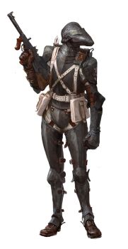 1boy absurdres armor bullpup fantasy full_armor full_body gun highres holding holding_gun holding_weapon knight looking_to_the_side original pouch solo strap submachine_gun weapon whaleoil white_background