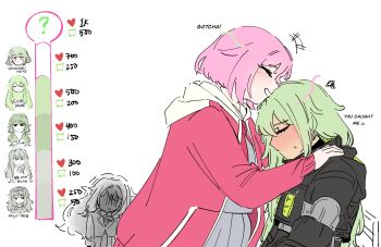 2girls absurdres black_jacket blush closed_eyes closed_mouth commentary english_text green_hair grey_skirt grin hand_on_another&#039;s_shoulder heart highres hood hoodie jacket kcmvnd kiss_meter_(meme) kusanagi_nene long_hair meme multiple_girls one_eye_closed ootori_emu pink_hair pink_hoodie project_sekai school_uniform serafuku short_hair simple_background skirt smile squiggle sweat white_background yuri