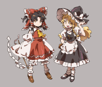 Rule 34 | 2girls, adjusting clothes, adjusting headwear, apron, ascot, bad id, bad twitter id, black dress, black hair, blonde hair, bloomers, braid, brown shoes, buttons, collar, colored eyebrows, detached sleeves, dress, frilled dress, frills, full body, gohei, grey background, hair ribbon, hair tubes, hakurei reimu, hand on own hip, hat, hat ribbon, holding, holding gohei, jeto (jetopyon), kirisame marisa, long sleeves, mary janes, midriff peek, mini-hakkero, multiple girls, nontraditional miko, parted bangs, red dress, red ribbon, red shirt, ribbon, ribbon braid, shirt, shoes, short hair, single braid, smile, socks, touhou, underwear, white apron, white ribbon, white sleeves, white socks, wide sleeves, witch hat, yellow ascot, yellow eyes