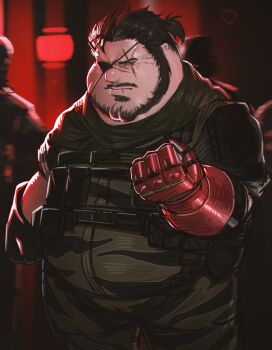 3boys absurdres beard black_hair black_jumpsuit cleft_chin closed_mouth commentary commission cosplay english_commentary eyepatch facial_hair family_guy fat fat_man highres jumpsuit kowai_(iamkowai) male_focus mechanical_arms metal_gear_(series) metal_gear_solid_v:_the_phantom_pain multiple_boys peter_griffin ponytail scar scar_across_eye scar_on_face short_ponytail single_mechanical_arm solo_focus venom_snake venom_snake_(cosplay)