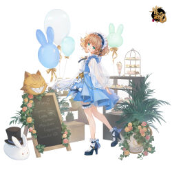 Rule 34 | 1girl, alice in wonderland, apron, arms behind back, balloon, blonde hair, blue dress, blue eyes, bridal garter, cheshire cat (alice in wonderland), display case, dress, flower, food, frilled sleeves, frills, full body, hat, head tilt, high heels, highres, hina momo, ice cream, key, logo, long sleeves, looking at viewer, looking to the side, mahjong soul, maid headdress, mary janes, menu board, official art, parfait, pink flower, pink rose, plant, pocket watch, puffy long sleeves, puffy sleeves, rabbit, rose, see-through, see-through sleeves, shine cheese, shoes, short hair, socks, solo, standing, standing on one leg, sundae, sweets, tachi-e, tiered tray, top hat, watch, wavy hair, white apron, white background, white socks, yellow flower, yellow rose