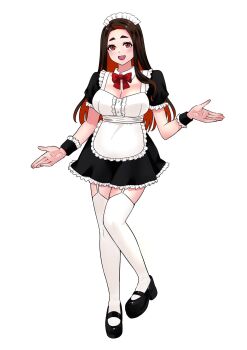 Rule 34 | 1girl, alternate costume, apron, black dress, black shoes, black wrist cuffs, bow, bowtie, breasts, brown hair, cleavage, colored inner hair, detached collar, dress, enmaided, frilled wrist cuffs, frills, full body, garter straps, hashtag-only commentary, highres, hongou miyuki, large breasts, long hair, looking at viewer, maid, maid apron, maid headdress, mary janes, multicolored hair, nice knee socks day, open mouth, platform shoes, red bow, red bowtie, red eyes, red hair, sawaranaide kotesashi-kun, shinjou takuya, shoes, simple background, smile, solo, tachi-e, thighhighs, white apron, white background, white garter straps, white thighhighs, wrist cuffs