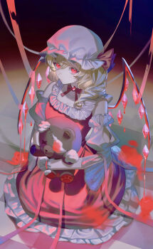Rule 34 | 1girl, absurdres, alternate costume, blonde hair, blood, closed mouth, commentary request, crystal, crystal wings, detached sleeves, dress, drill hair, flandre scarlet, hat, highres, hugging doll, hugging object, ko gyoku, looking at viewer, mob cap, one side up, red dress, red eyes, red vest, sitting, solo, stuffed animal, stuffed toy, stuffing, teddy bear, touhou, vest, white hat, wings