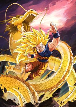 Rule 34 | 1boy, arm up, battle damage, blonde hair, blue boots, blue eyes, boots, catdestroyer, clenched hand, collarbone, commentary, dragon, dragon ball, dragonball z, fighting stance, full body, highres, long hair, male focus, muscular, muscular male, no eyebrows, open mouth, orange dougi, orange pants, pants, rock, son goku, spiked hair, super saiyan, super saiyan 3, torn clothes, transformation, wristband