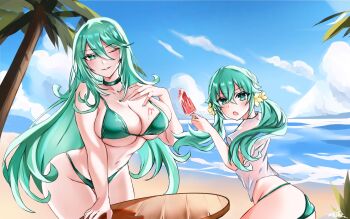 2girls beach bikini blue_sky blush breasts choker cleavage cloud cosplay date_a_live flower food green_bikini green_choker green_eyes green_hair hair_between_eyes hair_flower hair_ornament highres huge_breasts itsuka_kotori itsuka_kotori_(cosplay) itsuka_kotori_(waterside_goddess) kyouno_natsumi kyouno_natsumi_(adult) liranxisn long_hair looking_at_viewer low_twintails multiple_girls navel one_eye_closed outdoors palm_tree parted_lips petite popsicle sand seductive_smile see-through_clothes see-through_shirt shirt signature skindentation sky smile stomach swimsuit table tree twintails water wet wet_clothes wet_shirt white_shirt yellow_flower