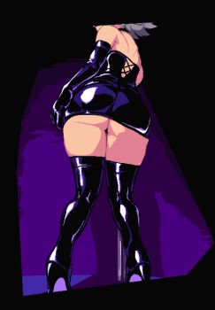 1girl 2022 animated animated_gif ass ass_focus ass_shake bent_over boots dress elbow_gloves from_behind from_below gloves hand_on_own_ass high_heel_boots high_heels huge_ass izayoi_sakuya latex latex_boots latex_dress latex_gloves looking_at_viewer looking_back lowres maid maid_headdress microdress namako_daibakuhatsu pixel_art pole solo standing stripper_pole thigh_boots thong touhou white_hair