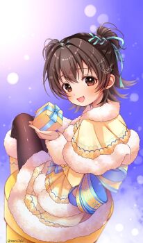 1girl :d akagi_miria artist_name black_pantyhose blue_background blue_ribbon boots box brown_eyes brown_hair capelet christmas commentary_request flipped_hair fur-trimmed_boots fur-trimmed_capelet fur-trimmed_shirt fur-trimmed_skirt fur-trimmed_sleeves fur_trim gift gift_box hair_intakes hair_ribbon holding holding_gift idolmaster idolmaster_cinderella_girls knee_boots long_sleeves looking_at_viewer medium_hair open_mouth pantyhose ribbon shirt skirt smile solo two_side_up yellow_boots yellow_capelet yellow_shirt yellow_skirt zero7shi