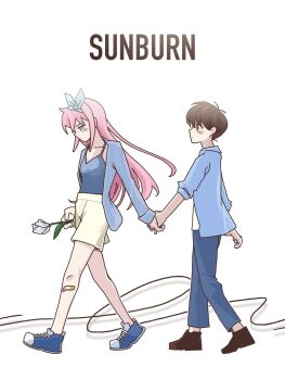 Rule 34 | 1boy, 1girl, alternate costume, antenna hair, aubrey (faraway) (omori), aubrey (omori), bandaid, bandaid on leg, black eyes, black hair, blue eyes, blue jacket, blue pants, blue shoes, blush, brown shorts, closed mouth, collarbone, flower, highres, holding, holding flower, holding hands, jacket, long hair, long sleeves, looking at another, omori, open clothes, open jacket, pants, pink hair, pyoppyop omori, ship name, shirt, shoes, short hair, shorts, sidelocks, sneakers, sunny (omori), tulip, white background, white flower, white shirt, white tulip