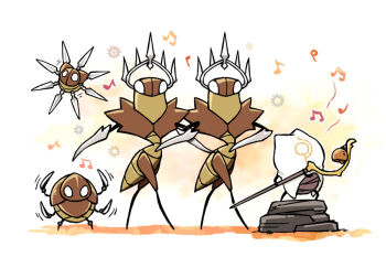 Rule 34 | 4others, arm blade, bell, blank eyes, cloak, cogwork choirbug (hollow knight), cogwork dancers (hollow knight), cogwork spine (hollow knight), commentary request, envoy (hollow knight), fuifui, gears, holding, hollow knight, hollow knight: silksong, multiple others, music, musical note, robot, singing, spikes, weapon, white cloak, white eyes