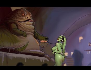 1boy 1girl alien ass bdsm breasts collar colored_sclera colored_skin curvy demogoron disgust eyeshadow fishnet_top fishnets green_skin holding holding_leash huge_ass indoors jabba_the_hutt large_breasts leash letterboxed makeup nipples oola purple_eyeshadow red_lips slave star_wars tongue tongue_out twi&#039;lek wide_hips yellow_sclera