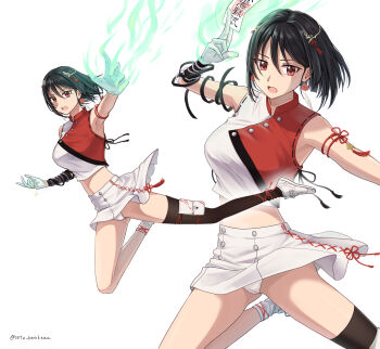 1girl artist_name black_hair black_thighhighs breasts cheerleader commission cropped_shirt full_body gloves hair_between_eyes highres large_breasts looking_at_viewer midriff multiple_views original panties pixiv_commission red_eyes setu_kurokawa shirt shoes short_hair simple_background single_thighhigh skirt sleeveless sleeveless_shirt sneakers socks thighhighs thighs twitter_username underwear watermark white_background white_gloves white_panties white_shoes white_skirt white_socks