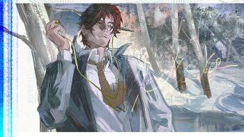 1boy beard_stubble blue_eyes brown_hair brown_necktie coat collared_shirt facial_hair fake_photograph forest frozen_lake green_coat holding male_focus mature_male medium_hair nature necktie original parted_bangs redsakaone shirt snow solo stubble white_shirt