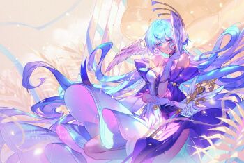 Rule 34 | 1girl, artist name, bare shoulders, blue dress, blue eyes, blue hair, breasts, cleavage, copyright name, cowboy shot, dress, feathered wings, head wings, holding, holding staff, honkai: star rail, honkai (series), long hair, medium breasts, orange sekaii, robin (honkai: star rail), solo, staff, white dress, wings