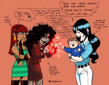 2boys 3girls alternate_hair_color baby belt black_belt black_hair blue_eyes blush brown_hair commentary cyclops_(x-men) dress earrings english_commentary english_text fantastic_four fishnets franklin_richards green_dress hairband highres jean_grey jewelry jinjango magic marvel multiple_boys multiple_girls necklace pants red_dress red_eyes red_hair scarlet_witch scott_summers simple_background sue_storm wanda_maximoff white_pants x-men