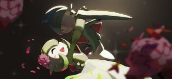 Rule 34 | bob cut, closed eyes, colored skin, dancing, drawingmeebo, dress, flower, gallade, gardevoir, gen 3 pokemon, gen 4 pokemon, green hair, green skin, hair flower, hair ornament, highres, multicolored skin, nintendo, open mouth, petals, pink flower, pink petals, pokemon, pokemon (creature), red eyes, smile, sparkle, two-tone skin, white dress, white skin