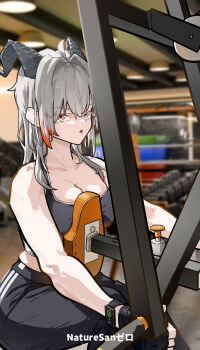 1girl :o absurdres ahoge artist_name black_gloves black_horns black_pants black_sports_bra blurry blurry_background breasts cleavage collarbone commentary curled_horns english_commentary exercising fingerless_gloves gloves grey_eyes grey_hair gym highres horns indoors large_breasts long_hair looking_at_viewer multicolored_eyes open_mouth pants photo_background red_eyes ryeon_(naturesan) solo sports_bra toned toned_female two-tone_eyes watch wristwatch wuthering_waves zani_(wuthering_waves)