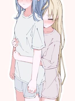 Rule 34 | 2girls, blonde hair, blue hair, blue shirt, blue shorts, blush, breasts, closed eyes, closed mouth, collarbone, cowboy shot, dolphin shorts, embarrassed, eyes out of frame, grey shirt, grey shorts, hands up, head out of frame, height difference, highres, hug, hug from behind, long hair, mahou shoujo no majo saiban, multiple girls, nekobanana (m23453456), shirt, shorts, simple background, small breasts, standing, t-shirt, tachibana sherry, tono hanna, very long hair, white background, yuri
