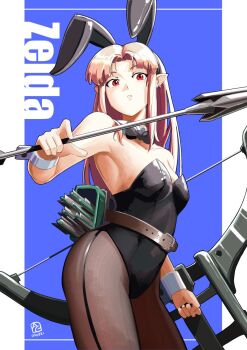 animal_ears arrow automatic_giraffe black_bow black_bowtie black_leotard blonde_hair blue_background blue_eyes bow bow_(weapon) bowtie breasts character_name dated detached_collar fake_animal_ears fake_tail fishnet_pantyhose fishnets leotard long_hair looking_at_viewer monster_hunter_(series) monster_hunter_rise nintendo pantyhose playboy_bunny pointy_ears princess_zelda rabbit_ears rabbit_tail red_eyes solo tail the_legend_of_zelda the_legend_of_zelda:_a_link_between_worlds weapon