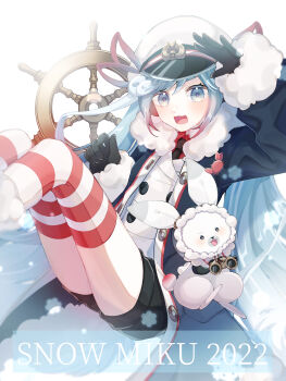 1girl absurdres aqua_eyes aqua_hair binoculars black_coat black_gloves black_necktie black_shorts character_name closed_mouth coat fur-trimmed_coat fur-trimmed_sleeves fur_trim gloves gradient_hair hair_ribbon hat hatsune_miku highres jacket kagamirror02 kimiiro_marine_snow_(vocaloid) long_hair long_sleeves looking_at_viewer looking_through_scope miku_day multicolored_hair necktie official_alternate_costume official_alternate_hairstyle rabbit rabbit_yukine red_hair red_ribbon red_shirt ribbon sailor_hat ship&#039;s_wheel shirt short_shorts shorts simple_background smile striped_clothes striped_thighhighs thick_thighs thighhighs thighs twintails very_long_hair vocaloid white_background white_hair white_jacket yuki_miku yuki_miku_(2022)