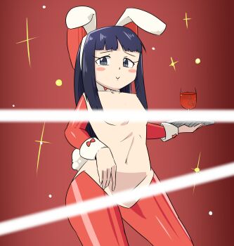 Rule 34 | 1girl, blue hair, breasts, censored, drink, gamushiro, grey eyes, hair ribbon, highres, legs, long hair, looking at viewer, nakoruru, navel, playboy bunny, rabbit ears, rabbit tail, ribbon, samurai spirits, small breasts, smile, snk, solo, source request, the king of fighters, thighhighs, thighs, waitress