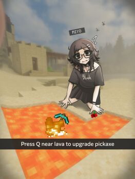 1girl black-framed_eyewear black_choker black_eyes black_hair black_shirt black_skirt blunt_bangs burning caption character_name choker commentary cross cross_necklace english_commentary english_text fire flower frown glasses hair_ornament hairclip highres jewelry kneeling lava medium_hair meme mikuneki minecraft minecraft_pickaxe necklace open_mouth original outdoors parallel_hairclips pickaxe raised_inner_eyebrows red_flower red_rose riyo_kaede_(mikuneki) rose sad semi-rimless_eyewear shirt skirt solo tearing_up under-rim_eyewear