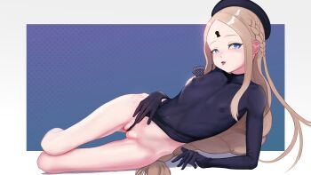 1girl abigail_williams_(fate) blue_eyes blue_hat blue_leotard braid brown_hair commentary covered_erect_nipples english_commentary fate/grand_order fate_(series) frontal_wedgie hat highres leotard long_hair looking_at_viewer lying on_side open_mouth partially_visible_vulva pussy rancidronin solo wedgie