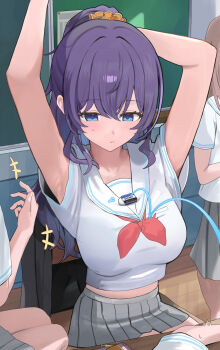 Rule 34 | 3girls, armpit focus, armpits, arms up, asahina mafuyu, bare arms, black cardigan, blue eyes, blush, breast pocket, breasts, cardigan, chair, classroom, commentary, crossed bangs, eraser, facing viewer, grey skirt, hair between eyes, hair ornament, hair scrunchie, high ponytail, highres, indoors, large breasts, long hair, looking at object, looking down, midriff, miniskirt, multiple girls, neckerchief, orange scrunchie, parted lips, pleated skirt, pocket, ponytail, project sekai, purple hair, red neckerchief, sailor collar, school chair, school uniform, scrunchie, serafuku, shirt, short sleeves, sidelocks, sitting, skirt, solo focus, stretching, sweatdrop, talking, unworn cardigan, usagi melon3, white sailor collar, white shirt