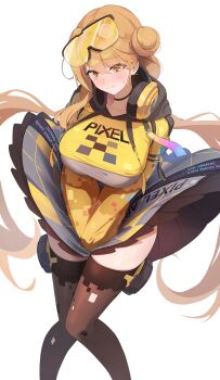 1girl absurdres black_survival black_thighhighs blush breasts closed_mouth collarbone commentary english_commentary eternal_return:_black_survival floating_hair goggles goggles_on_head grey_skirt hair_between_eyes hair_bun headphones headphones_around_neck high-waist_skirt highres hood hoodie large_breasts long_hair long_sleeves looking_ahead looking_down official_alternate_costume orange_eyes orange_hair schoppi_0731 simple_background single_side_bun single_sidelock skirt solo sweatdrop thighhighs thighs tia_(black_survival) tia_(pixel_art)_(black_survival) tinted_eyewear v_arms very_long_hair white_background wind wind_lift yellow-tinted_eyewear yellow_hoodie