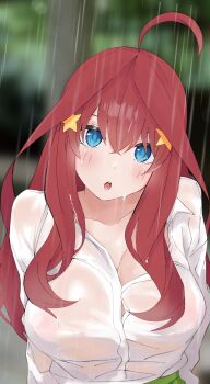 1girl ahoge blue_eyes blush breasts collarbone go-toubun_no_hanayome green_skirt hair_between_eyes hair_ornament highres ldeeeeeeeeeejo long_hair looking_at_viewer nakano_itsuki open_clothes open_mouth open_shirt rain red_hair see-through_clothes shirt simple_background skirt solo star_(symbol) star_hair_ornament wet wet_clothes