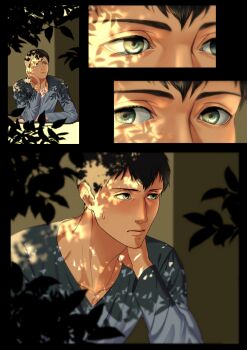 1boy absurdres aleve0420 bertolt_hoover black_hair blue_shirt blush collarbone furry grey_hair hand_on_own_neck head_on_hand highres long_sleeves looking_at_viewer male_focus multiple_views shingeki_no_kyojin shirt short_hair sitting solo sweatdrop upper_body